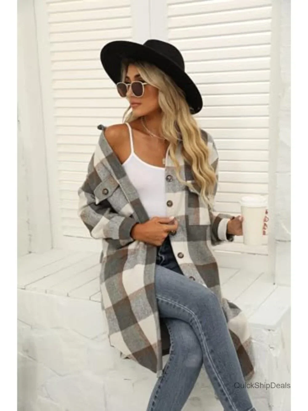 Women's Plaid Flannel Shacket Long Sleeve Button Down Lapel Collar Fuzzy